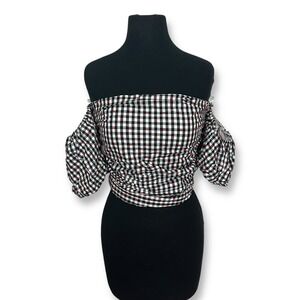 EUC Dolan Gingham Off Shoulder Crop Top Tie Front Blouse Red Accent Size‎ S
